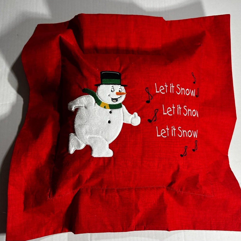 Snowman Pillow Let it Snow Bright Red Embroidered Case Christmas Holiday Decor